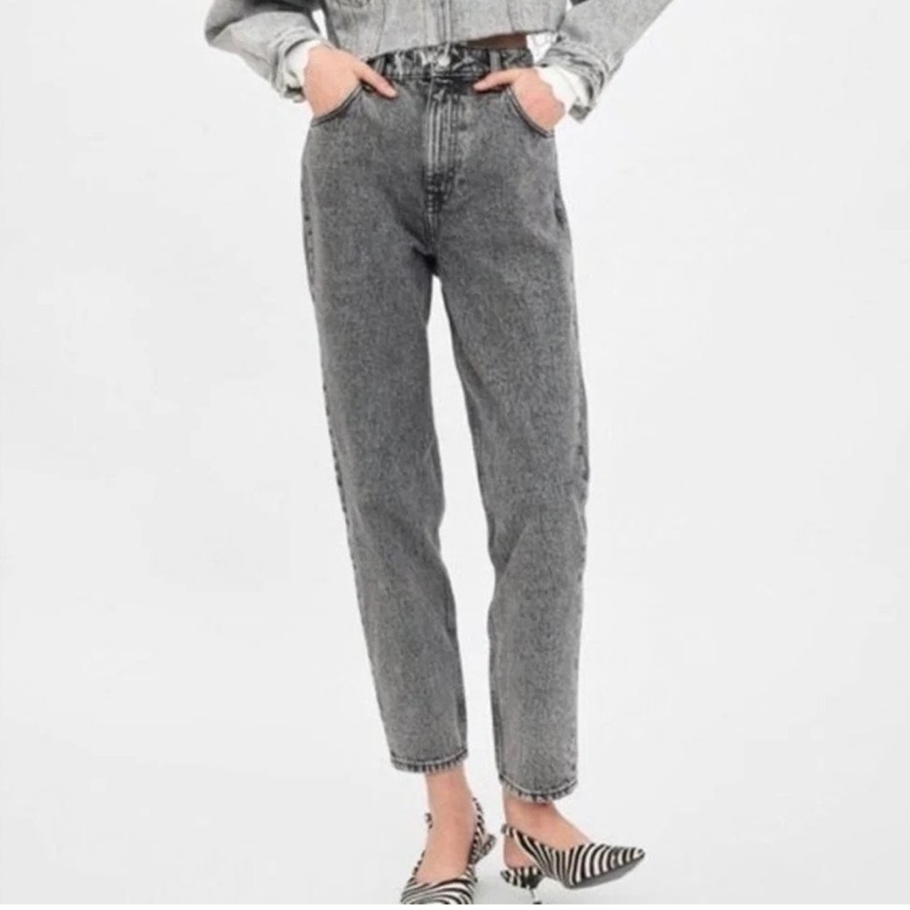 Zara Classic Mom Fit Jeans High Rise Ankle Length Washed Gray